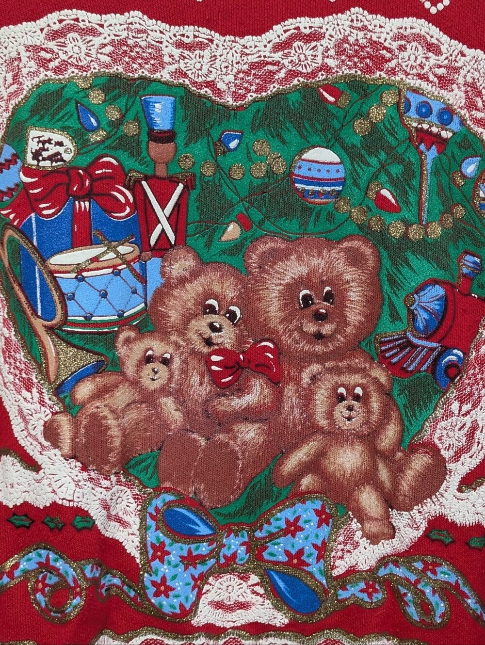 Vintage Nutcracker Red Christmas Teddy Bear Collared Grandma Sweatshirt Medium - Picture 3 of 7
